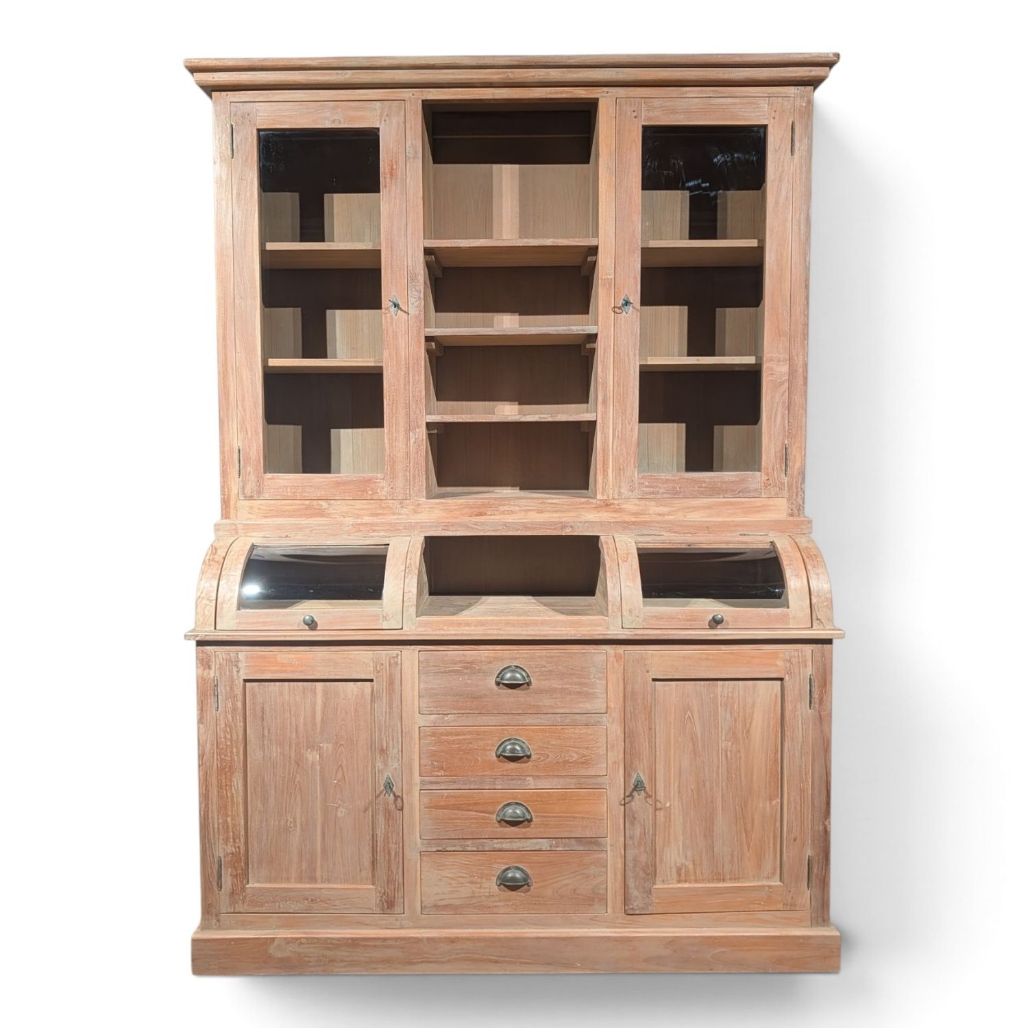Grutterskast teakhout 160 cm breed - buffetkast met bolglas en laden