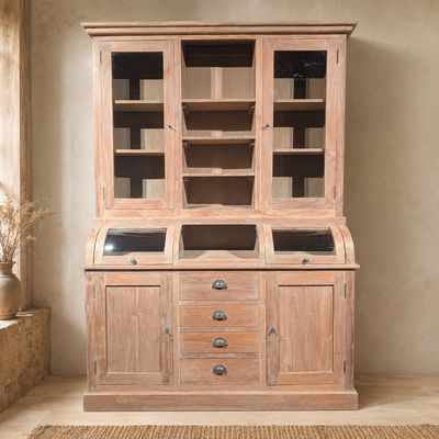 Grutterskast teakhout 160 cm breed - buffetkast met bolglas en laden