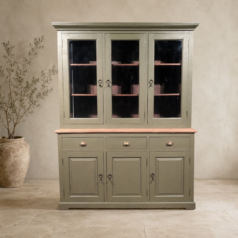 Buffetkast olijfgroen teakhout vitrinekast landelijk vintage 159 cm