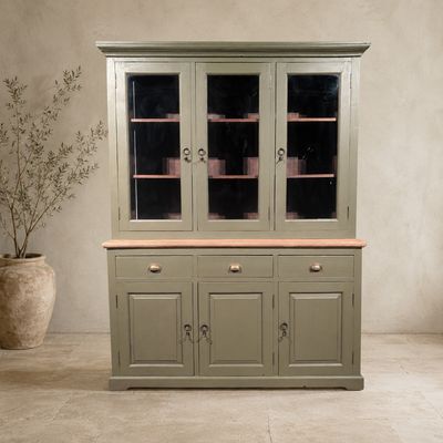 Buffetkast olijfgroen teakhout vitrinekast landelijk vintage 159 cm