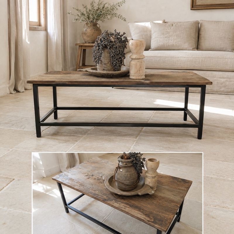 Landelijke Salontafel Oud Hout met Zwart Metalen Onderstel – 120 × 50 × 46 cm