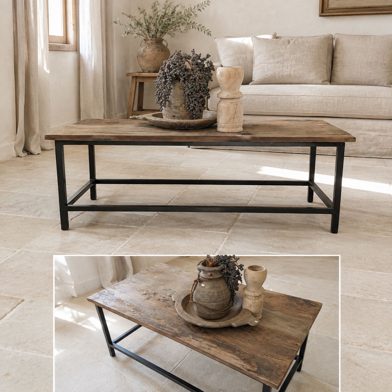 Landelijke Salontafel Oud Hout met Zwart Metalen Onderstel – 120 × 50 × 46 cm