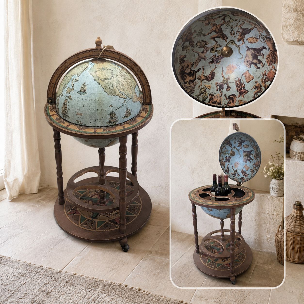 Blauwe Vintage Bar Globe Wijnkast op Wielen – Wereldbol Minibar H 92 × Ø 47 cm