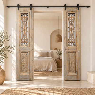 Oude Houten Deuren met Houtsnijwerk – Indiase Deurpanelen Set – H235 x B50 cm per Deur – Landelijk Ibiza Brocante
