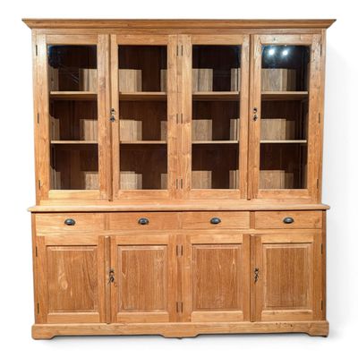 Buffetkast teakhout 230 cm breed en 240 cm hoog met vitrine en 4 lades - landelijke houten servieskast Buffetkast teakhout 230 cm breed en 240 cm hoog met vitrine en 4 lades - landelijke houten servieskast