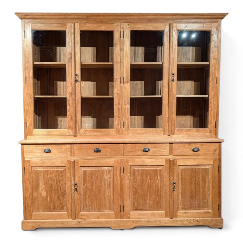 Buffetkast teakhout 230 cm breed en 240 cm hoog met vitrine en 4 lades - landelijke houten servieskast
