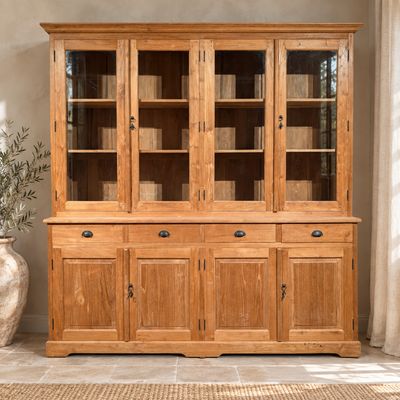 Buffetkast teakhout 230 cm breed en 240 cm hoog met vitrine en 4 lades - landelijke houten servieskast