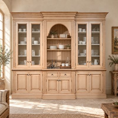 Buffetkast met kraan en spoelbak 306 cm – handgemaakt, extra hoog, landelijk en brocante, met verlichting en Frans handgetrokken glas
