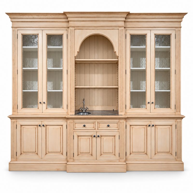 Buffetkast met kraan en spoelbak 306 cm – handgemaakt, extra hoog, landelijk en brocante, met verlichting en Frans handgetrokken glas