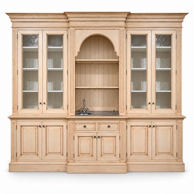 Buffetkast met kraan en spoelbak 306 cm – handgemaakt, extra hoog, landelijk en brocante, met verlichting en Frans handgetrokken glas