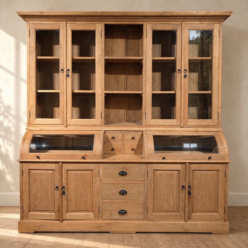 Grutterskast teakhout 215 cm breed met bolglas kleppen en 7 lades | Landelijke buffetkast