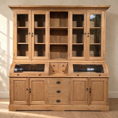 Grutterskast teakhout 215 cm breed met bolglas kleppen en 7 lades | Landelijke buffetkast