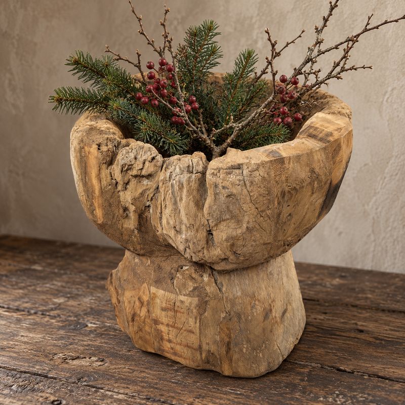 Houten vijzel 36 cm - Landelijke decoratie, stoer en sober