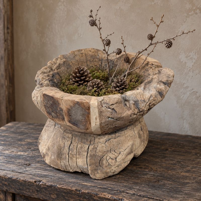 Houten vijzel 26 cm - Brede landelijke decoratie, stoer en sober