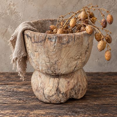 Houten vijzel 36 cm - Landelijke decoratie met ronde voet, stoer en sober