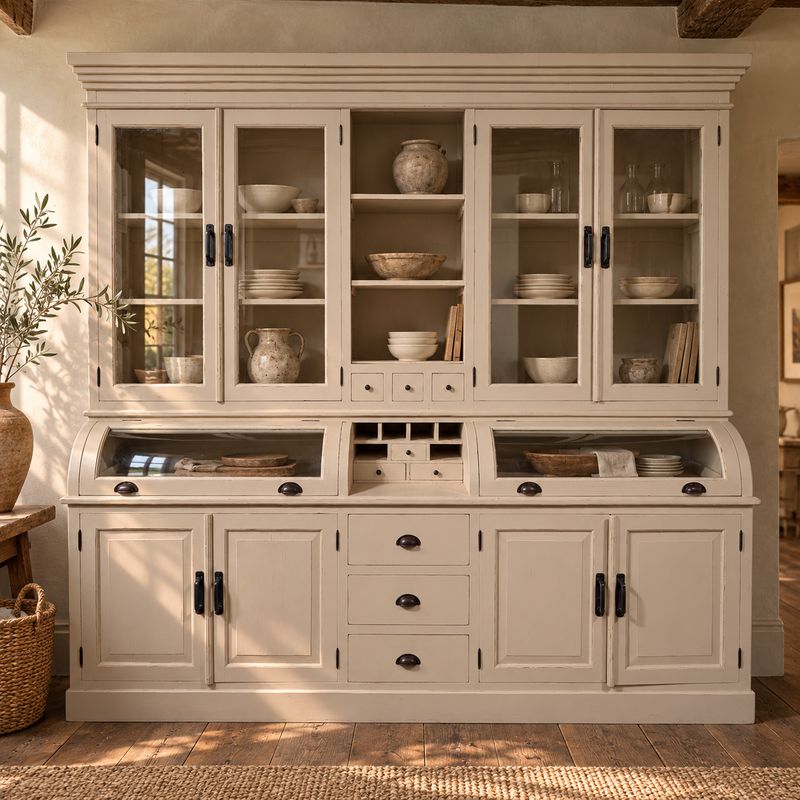 Grutterskast wit teakhout met bolglas, landelijk brocante, 232 cm breed