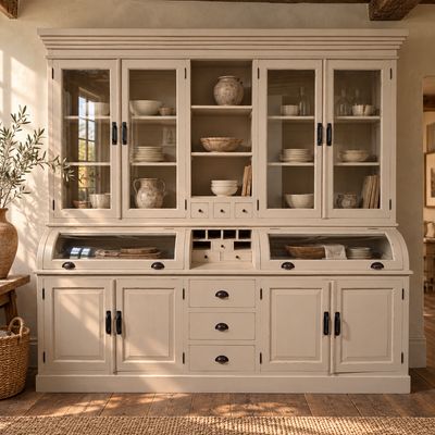 Grutterskast wit teakhout met bolglas, landelijk brocante, 232 cm breed