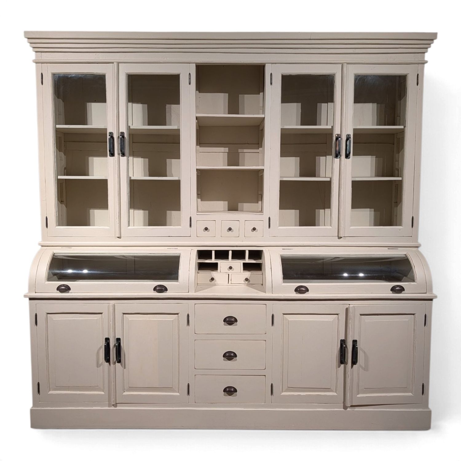 Grutterskast wit teakhout met bolglas, landelijk brocante, 232 cm breed