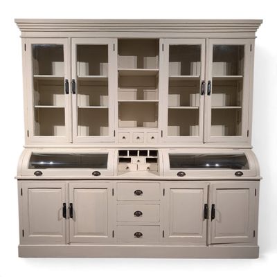 Grutterskast wit teakhout met bolglas, landelijk brocante, 232 cm breed