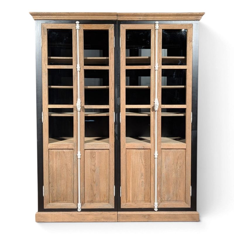 Driftwood vitrinekast mat zwart en espagnoletsluiting, landelijke buffetkast 180 cm breed
