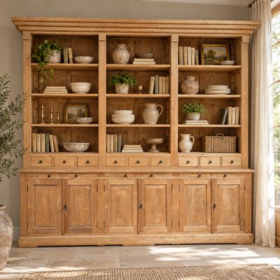 Bibliotheekkast teakhout – boekenkast met 9 lades en 6 deuren – 260 cm breed