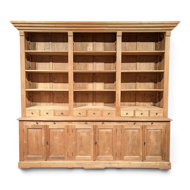 Bibliotheekkast teakhout – boekenkast met 9 lades en 6 deuren – 260 cm breed Authentieke bibliotheekkast / boekenkast - restyling mogelijk