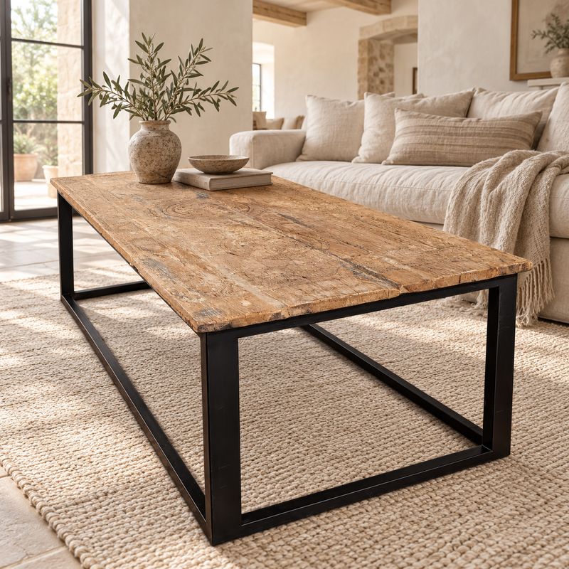 Salontafel hout met zwart metalen onderstel – rechthoekig met decoratief blad, 140 x 67 cm