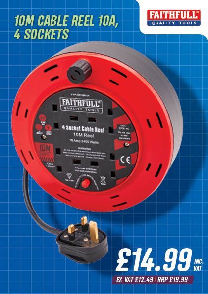 Faithfull 10m Cable Reel 10A, 4 Sockets