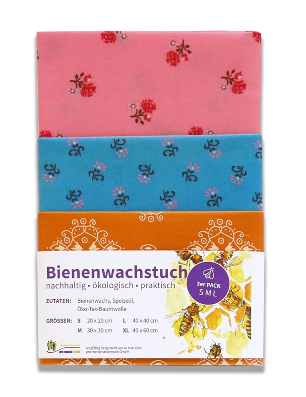 Bienenwachstücher-Set (orange, blau, rosa) – small, medium, large