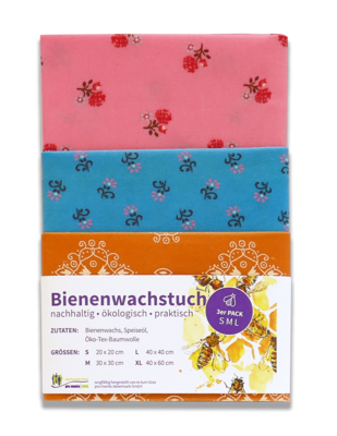Bienenwachstücher-Set (orange, blau, rosa) – small, medium, large