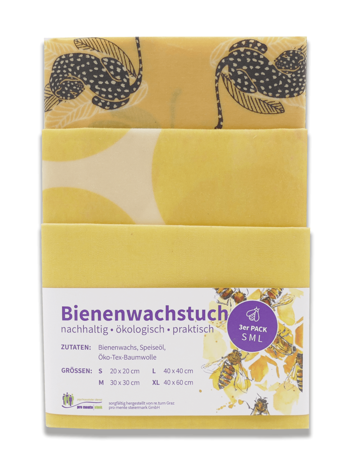 Bio-Bienenwachstücher-Set (gelb,schwarz) – small, medium, large