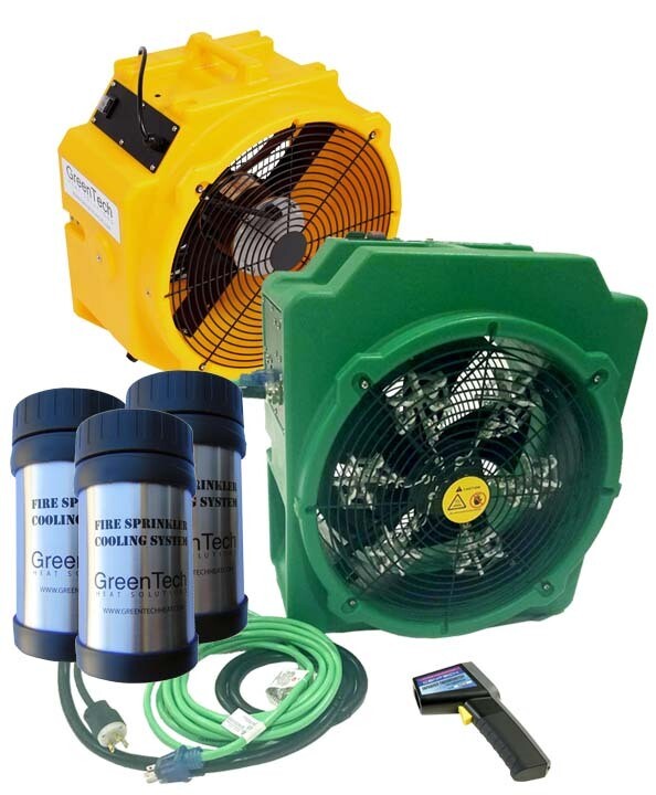 View from the front of ePro 400 Electric Bed Bug Heater with air mover and Greentech sprinkler covers