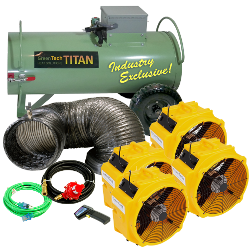 A large propane bed bug heater with treatment fans and other dry heat treatment accessories for bed bug removal by GreenTech Bed Bug Heaters.
