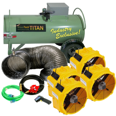 A large propane bed bug heater with treatment fans and other dry heat treatment accessories for bed bug removal by GreenTech Bed Bug Heaters.