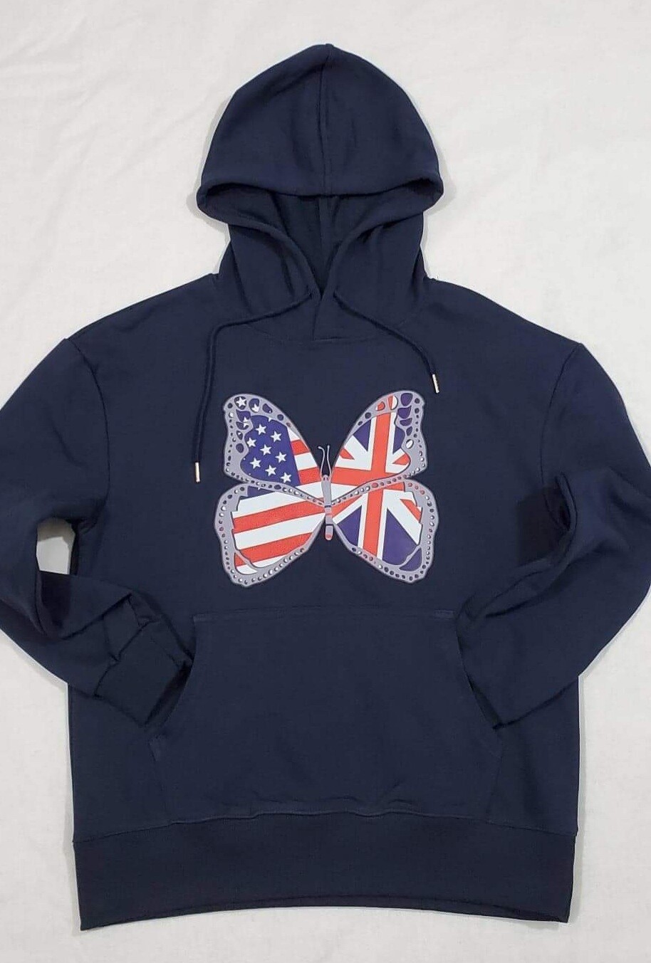 Navy Hoodie Brit/American Theme Butterfly Design.