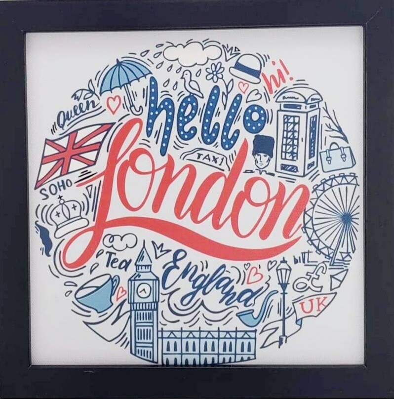Hello London Canvas in Black Frame.