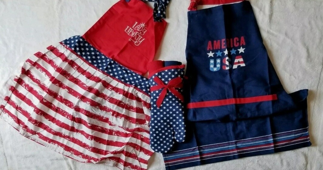 USA Flag Kitchen BBQ Apron Towel Oven Mitt Gift Set 5 Americana His Hers Mom Dad