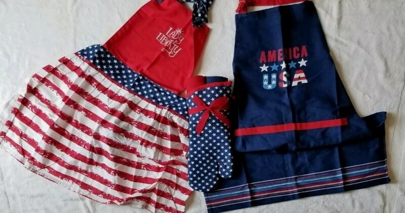 USA Flag Kitchen BBQ Apron Towel Oven Mitt Gift Set 5 Americana His Hers Mom Dad