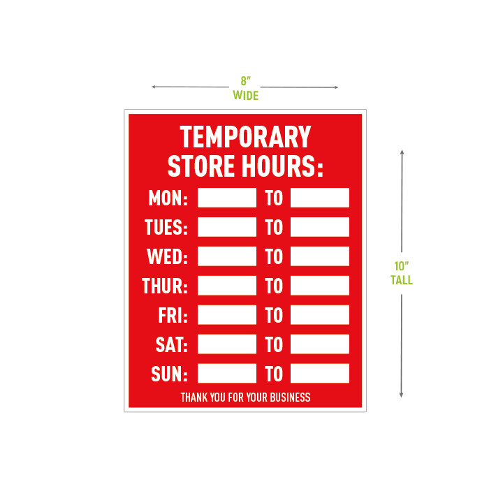 Temporary Hours Door Decal, Design Choice: Red