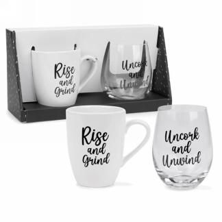 En. Tasse &amp; Verre À Vin &quot;Rise Grind Uncork Unwind&quot;