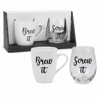 En. Tasse &amp; Verre À Vin &quot;Brew It Screw It&quot;