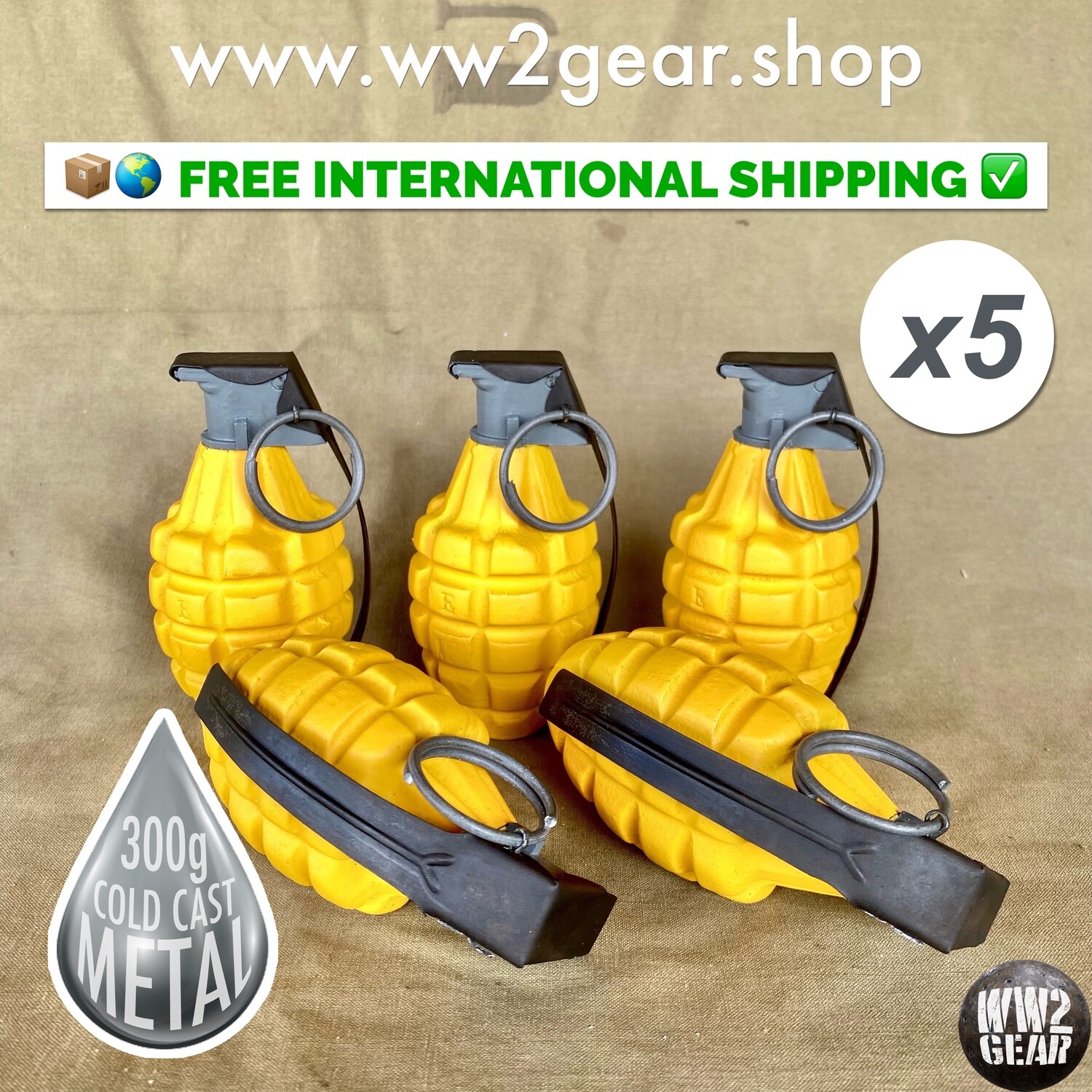 (x5) US WW2 MKII Pineapple Frag Grenades Yellow (Cold Cast Metal