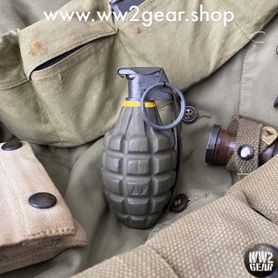 US WW2 WWII MKII MK2 Frag Grenade Reproduction Copy Dummy Prop Film Resin Metal Spoon Ring Steel OD Green American