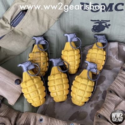 US WW2 WWII MKII MK2 Frag Grenade Reproduction Copy Dummy Prop Film Resin Metal Spoon Ring Steel OD Green American Yellow USMC