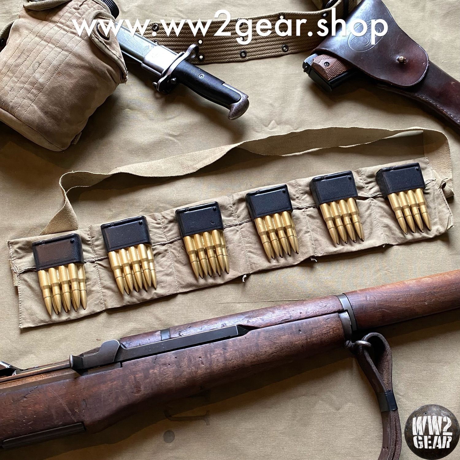 US WW2 M1 Garand Bandoleer + 6 En-Bloc Clips (Resin Fillers / Film Props)