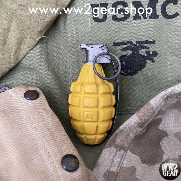 US WW2 WWII MKII MK2 Frag Grenade Reproduction Copy Dummy Prop Film Resin Metal Spoon Ring Steel OD Green American Yellow USMC