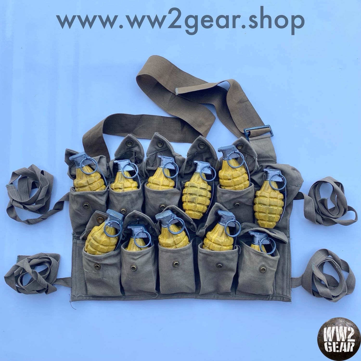 WW2 US USMC Set With 1918 WW1 Grenade Vest / Pouch + 11 Yellow MKII Grenades Reproductions (Aged Aspect)