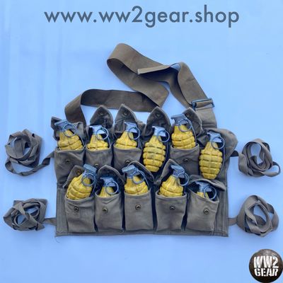 WW2 US USMC Set With 1918 WW1 Grenade Vest / Pouch + 11 Yellow MKII Grenades Reproductions (Aged Aspect)