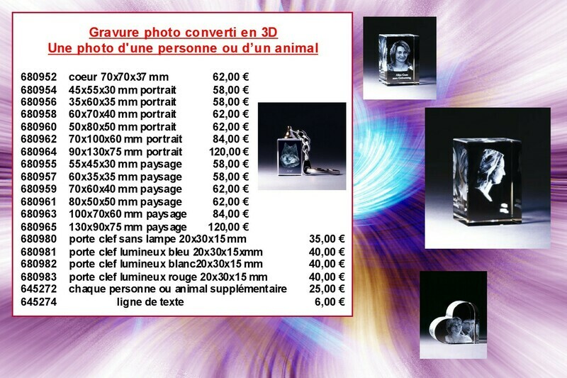 Gravure photo 3D à partir de 35,00 € hors frais d&#39;emballages et livraison 12,50 € par commande