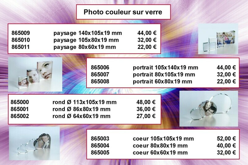 Photo couleur sur verre à partir de 22,00 € hors frais d&#39;emballages et livraison 12,50 € par commande
